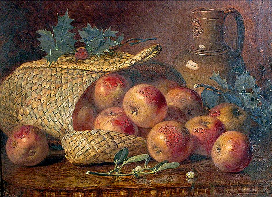 Ribston Pippins in a Rush Basket with Mistletoe Sprig, vintage artwork by Eloise Harriet Stannard, 12x8" (A4) Poster