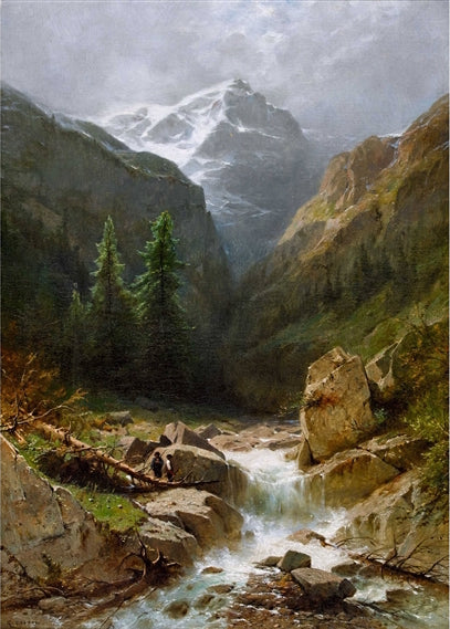 Wilder Gebirgsbach bei Rosenlaui mit dem Wellhorn, vintage artwork by Gustave Castan, 12x8" (A4) Poster