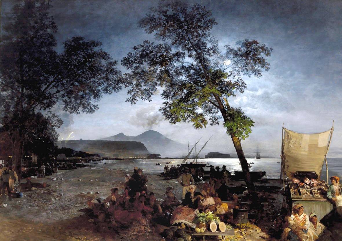 Moonlit Scene of the Bay of Naples, vintage artwork by Oswald Achenbach, 12x8" (A4) Poster