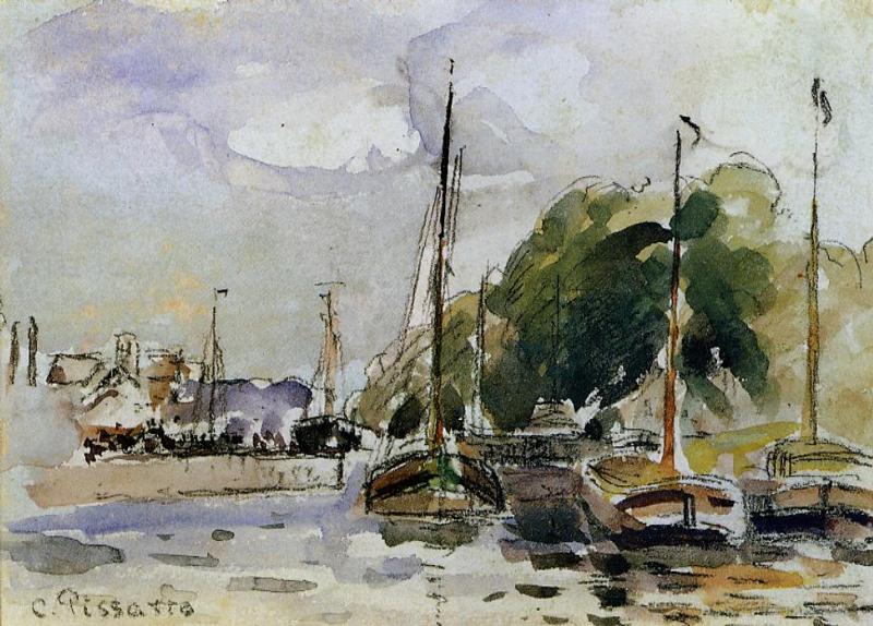 Boats at Dock, vintage artwork by Camille Pissarro, 12x8" (A4) Poster