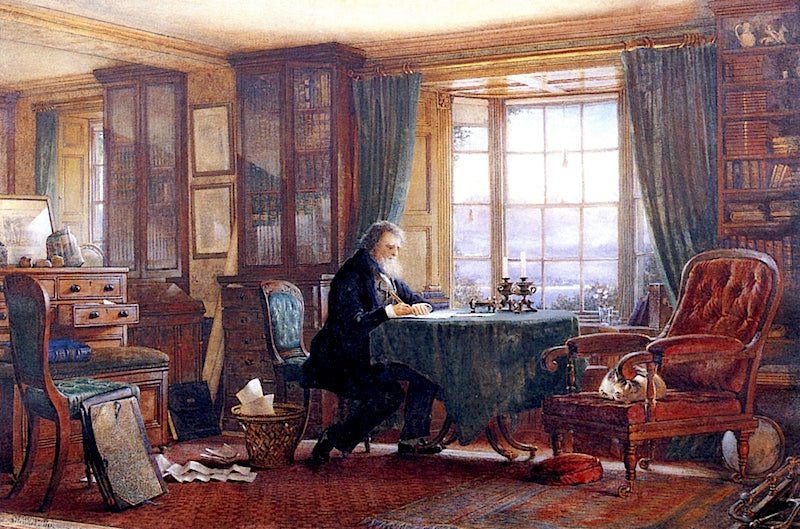 John Ruskin in his Study at Brantwood, Cumbria, vintage artwork by William Gershom Collingwood, 12x8" (A4) Poster