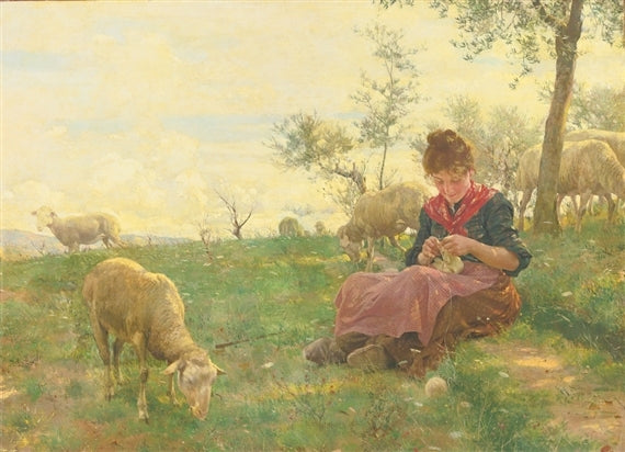 The Knitting Shepherdess, vintage artwork by Raffaello Sorbi, 12x8" (A4) Poster
