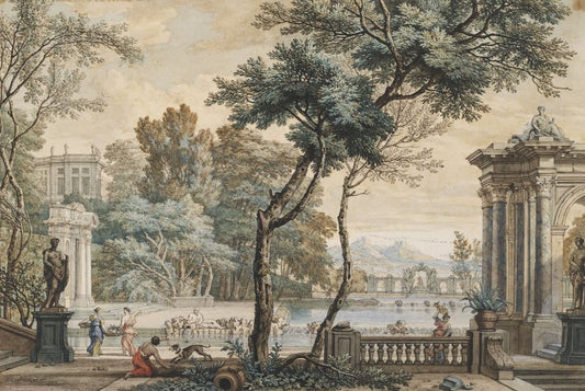 A Capriccio with Nymphs in the Garden of a Palace, vintage artwork by Isaac de Moucheron, 12x8" (A4) Poster