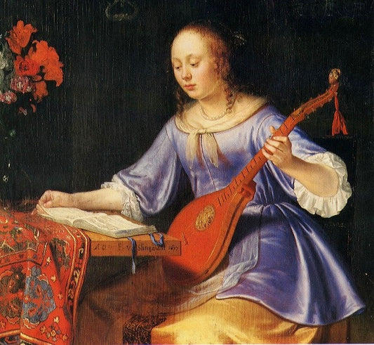 Femme au Cistre, vintage artwork by Pieter Cornelisz van Slingeland, 12x8" (A4) Poster