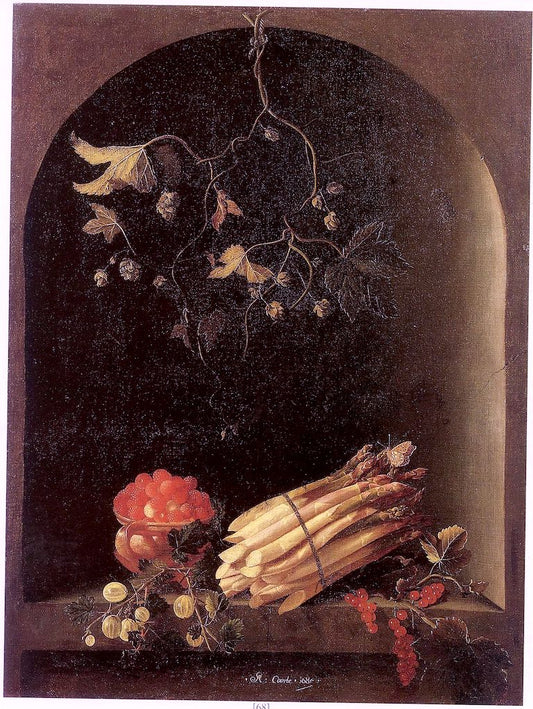 Strawberries, Asparagus, and Gooseberries in a Niche, vintage artwork by Adriaen Coorte, 12x8" (A4) Poster