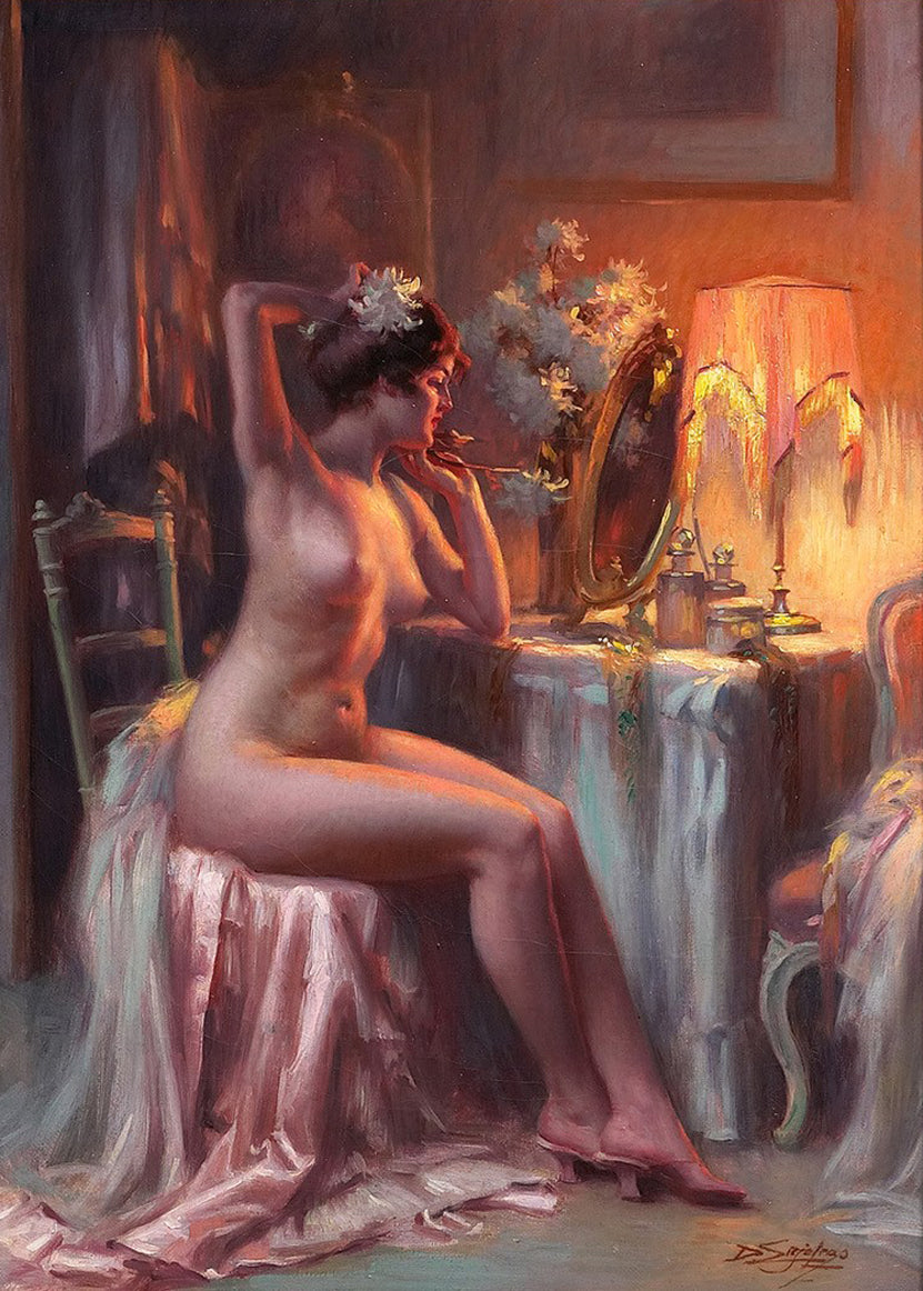 Nu a sa coiffeuse, vintage artwork by Delphin Enjolras, 12x8" (A4) Poster