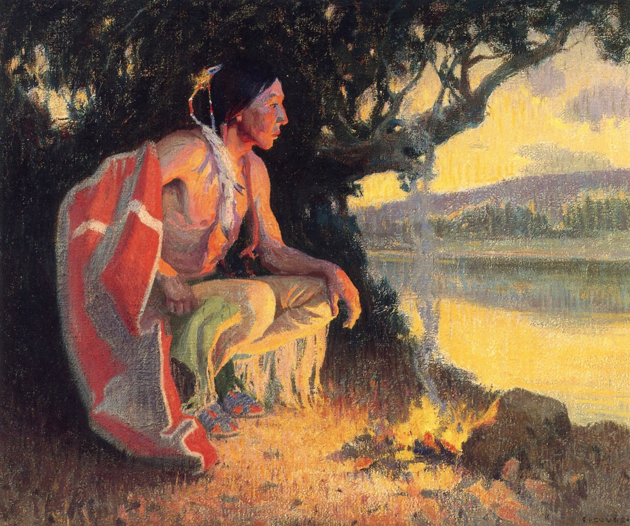 Indian by  the Fire, vintage artwork by Eanger Irving Couse, 12x8" (A4) Poster