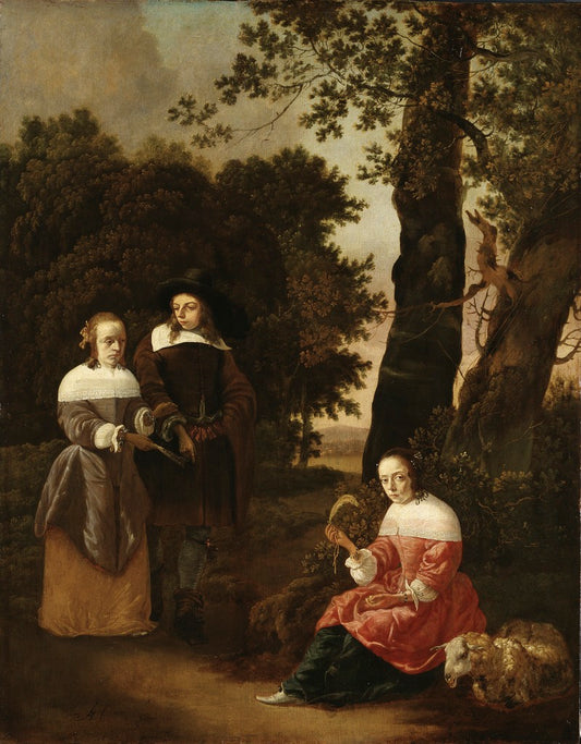 A Couple and a Shepherdess in a Landscape, vintage artwork by Hendrick van der Burgh, 12x8" (A4) Poster
