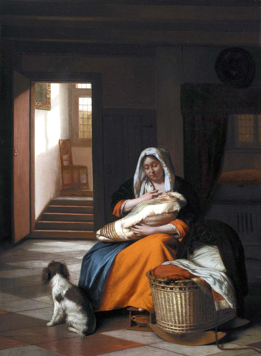 Mother Nursing Her Childd, vintage artwork by Pieter de Hooch, 12x8" (A4) Poster