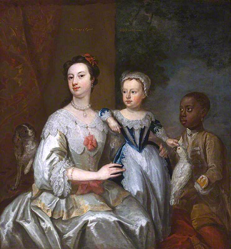 Lady Grace Carteret, Countess of Dysart with a Child, and a Black Servant, Cockatoo and Spaniel, vintage artwork by John Giles Eccardt, 12x8" (A4) Poster