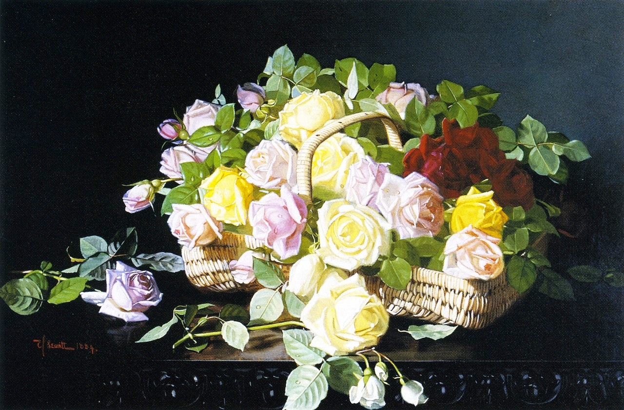 Still Life, A Basket of Roses, vintage artwork by Edward Chalmers Leavitt, 12x8" (A4) Poster