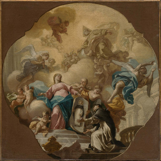 The Virgin Presenting the Portrait of Saint Dominic to the Friar of Soriano, vintage artwork by Francesco de Mura, 12x8" (A4) Poster
