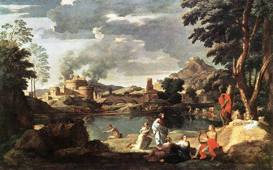 Landscape with Orpheus and Euridice, vintage artwork by Nicolas Poussin, 12x8" (A4) Poster