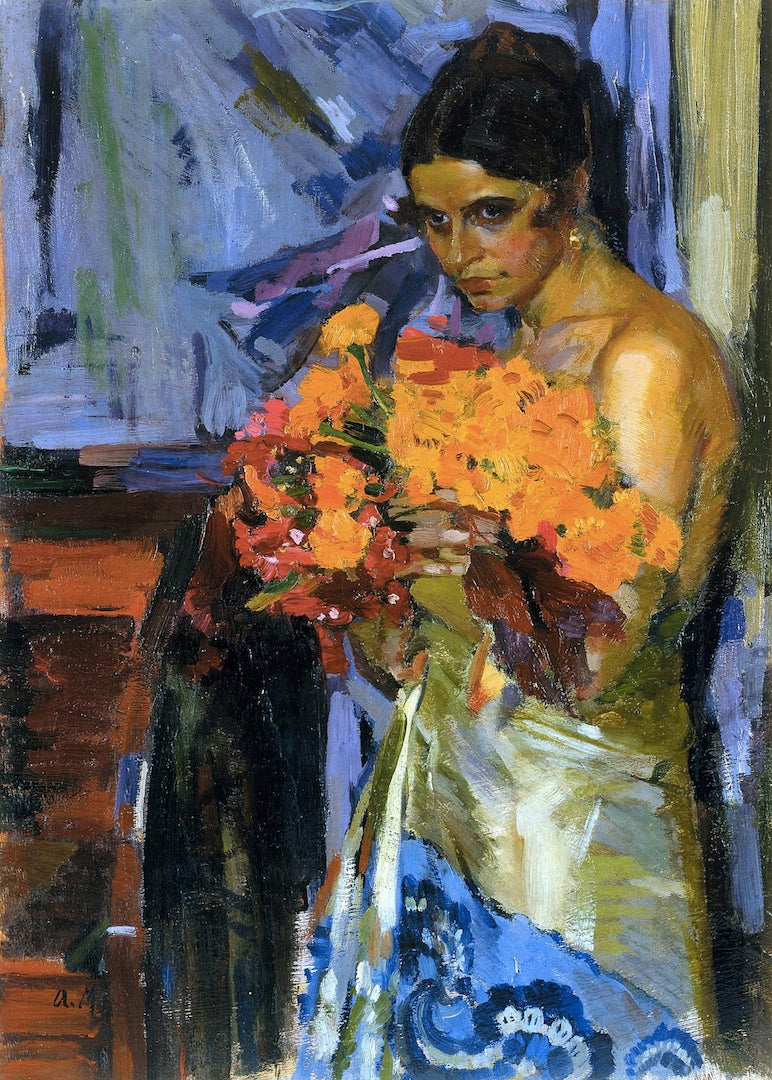 Woman with Nasturtiums, vintage artwork by Alexander Murashko, 12x8" (A4) Poster