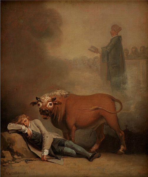 Niels Klim Thinks He Hears the Deacon when he is Awakened by  a Bull, vintage artwork by Nicolai Abraham Abildgaard, 12x8" (A4) Poster