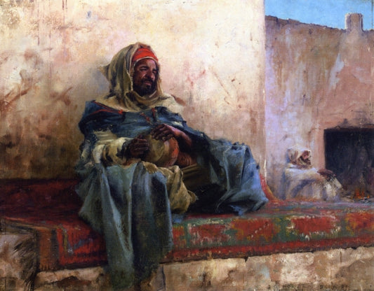 Playing the Derbakeh, Biskra, vintage artwork by Charles James Theriat, 12x8" (A4) Poster