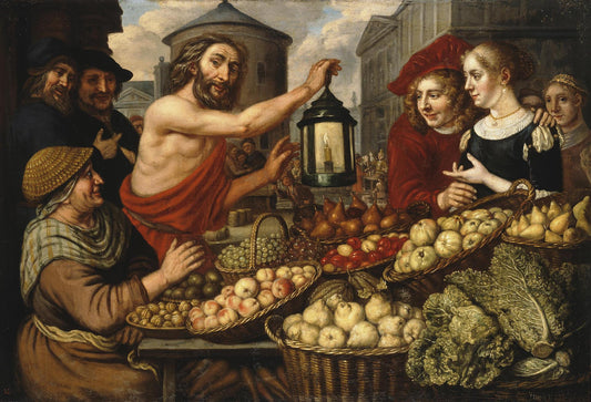 Diogenes with a Lantern at a Market, vintage artwork by Jan Victors, 12x8" (A4) Poster