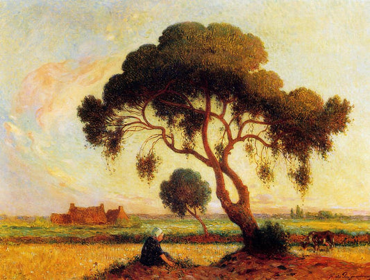 Breton Woman Seated under a Large Tree, vintage artwork by Ferdinand du Puigaudeau, 12x8" (A4) Poster