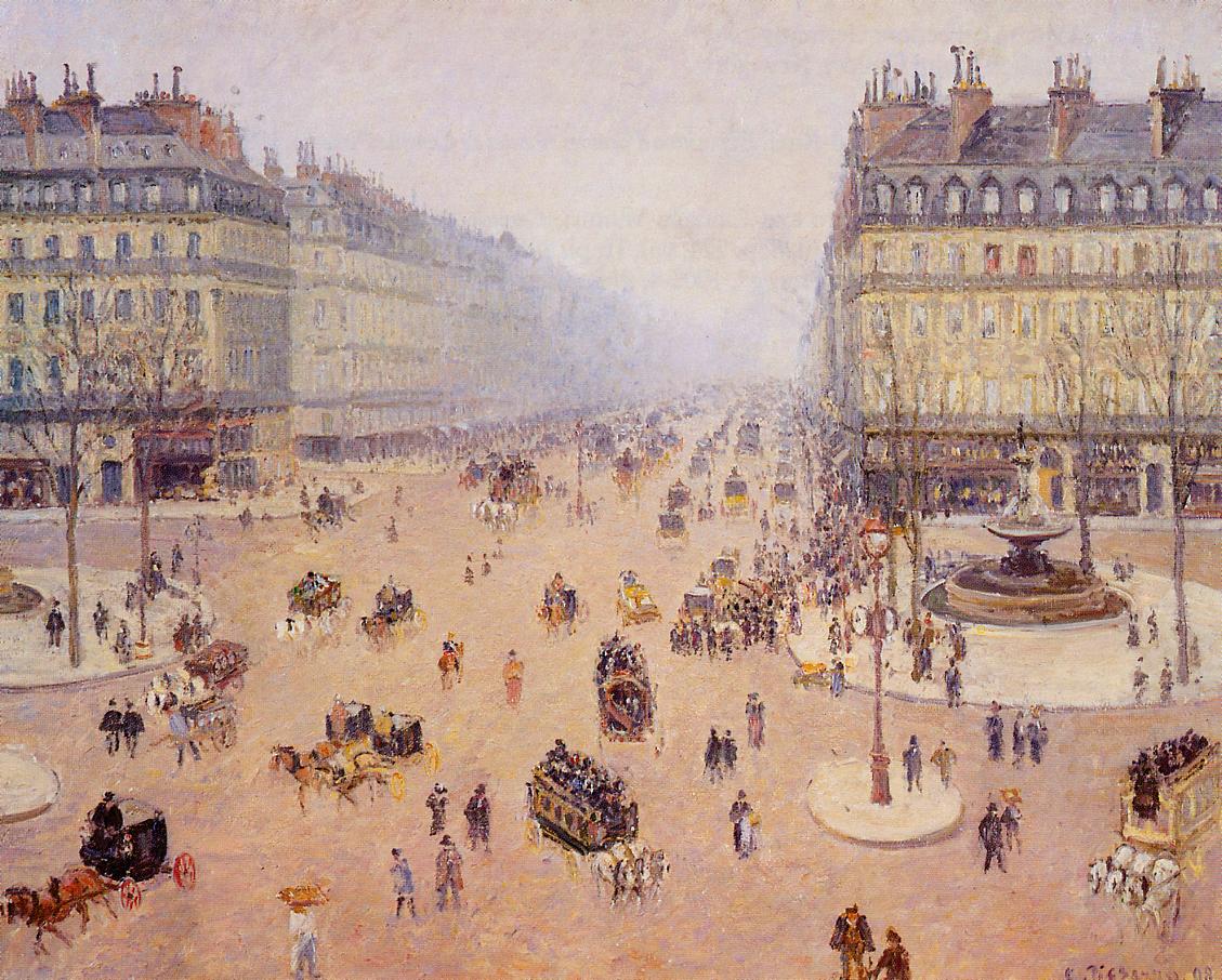 Avenue de l'Opera, Place du Theatre Francais: Misty Weather, vintage artwork by Camille Pissarro, 12x8" (A4) Poster