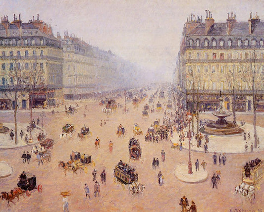 Avenue de l'Opera, Place du Theatre Francais: Misty Weather, vintage artwork by Camille Pissarro, 12x8" (A4) Poster