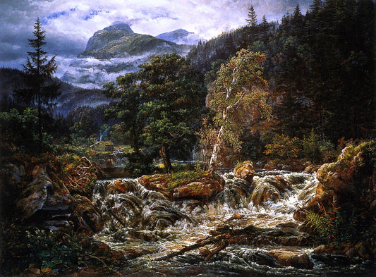 Norwegian Mountain Landscape with Waterfall, vintage artwork by Johan Christian Claussen Dahl, A3 (16x12") Poster Print