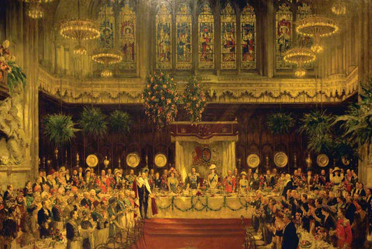 The Coronation Luncheon to King George V and Queen Mary in the Guildhall, London, 29 June 1911, vintage artwork by Solomon Joseph Solomon, 12x8" (A4) Poster