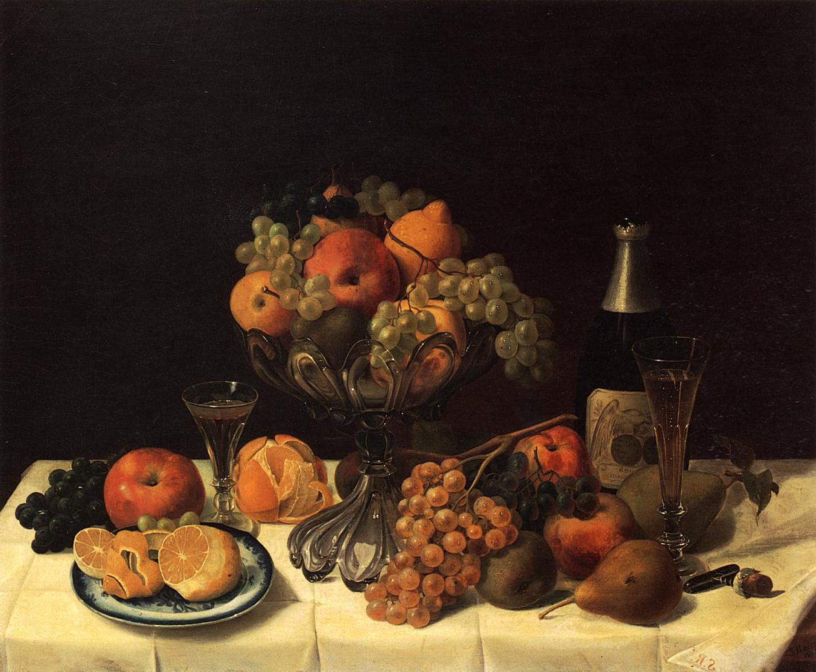 Fruit Still Life with Champagne Bottle, vintage artwork by Severin Roesen, A3 (16x12") Poster Print