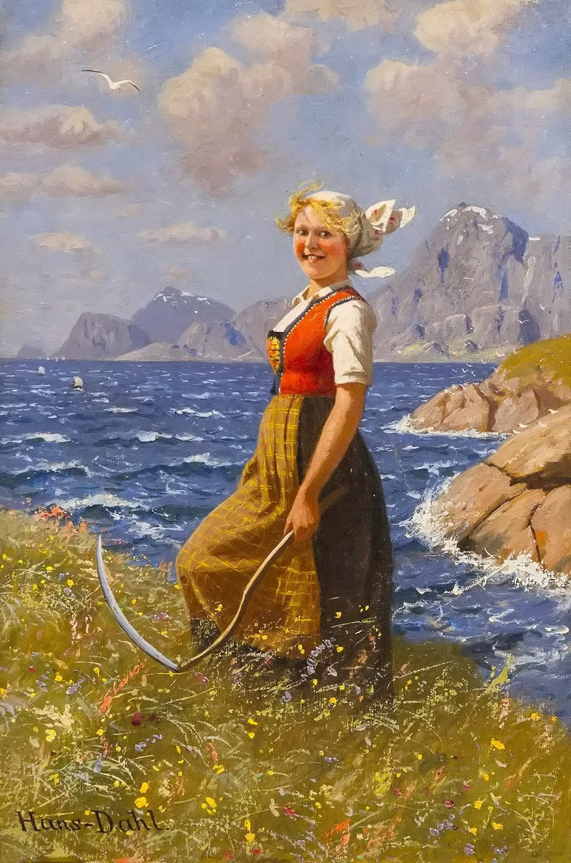 Maid with Scythe, vintage artwork by Hans Dahl, 12x8" (A4) Poster