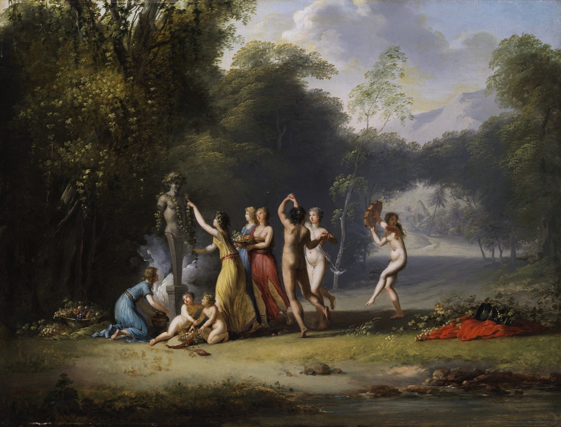 Nymphs Dancing around the Bust of a God, vintage artwork by Jacques-Antoine Vallin, 12x8" (A4) Poster