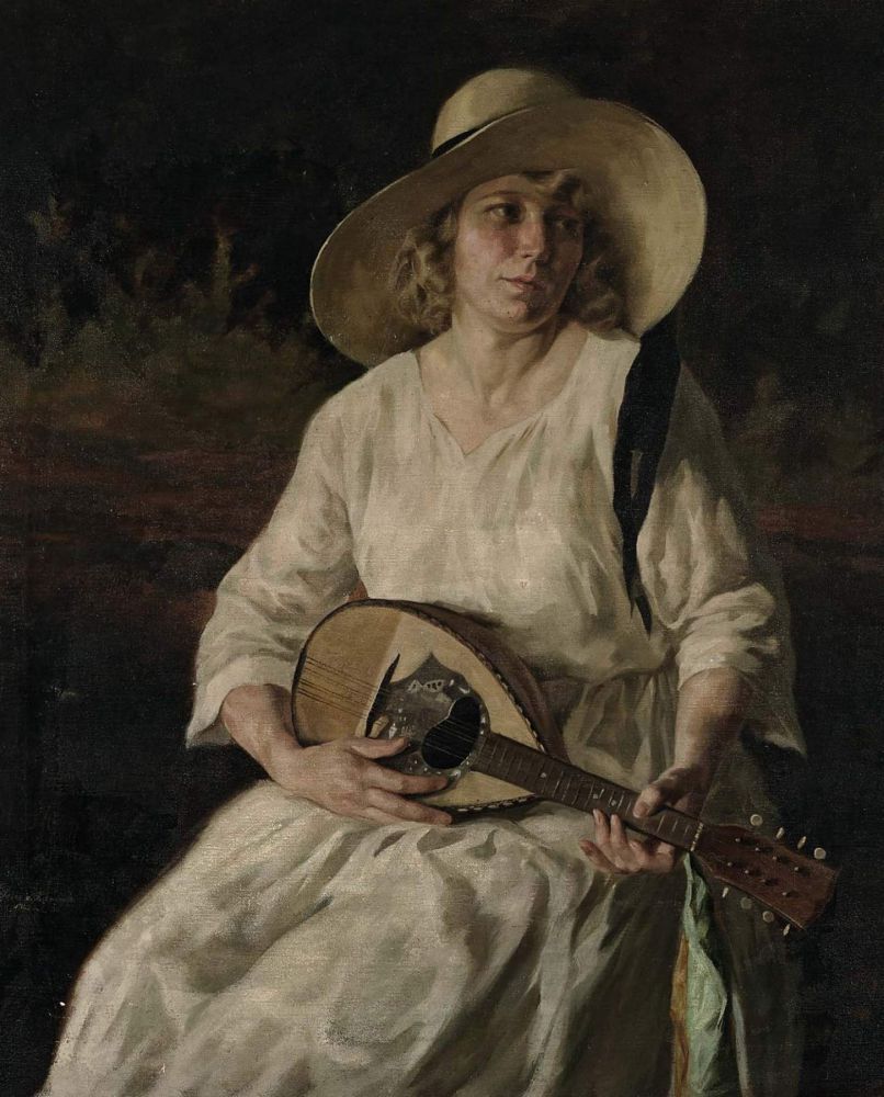 Portrait einer Dame mit Hut und Mandolin, vintage artwork by Peter von Hamme, 12x8" (A4) Poster