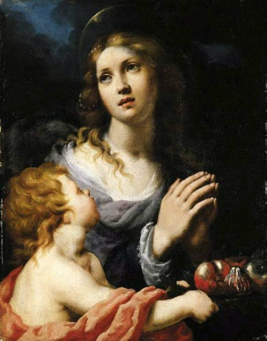 Female Saint with Putto, vintage artwork by Alessandro Rosi, 12x8" (A4) Poster