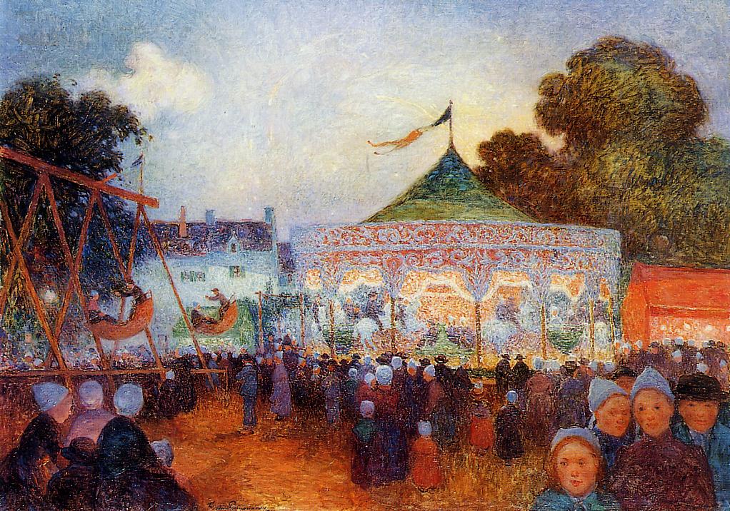 Carousel at Night at the Fair, vintage artwork by Ferdinand du Puigaudeau, 12x8" (A4) Poster
