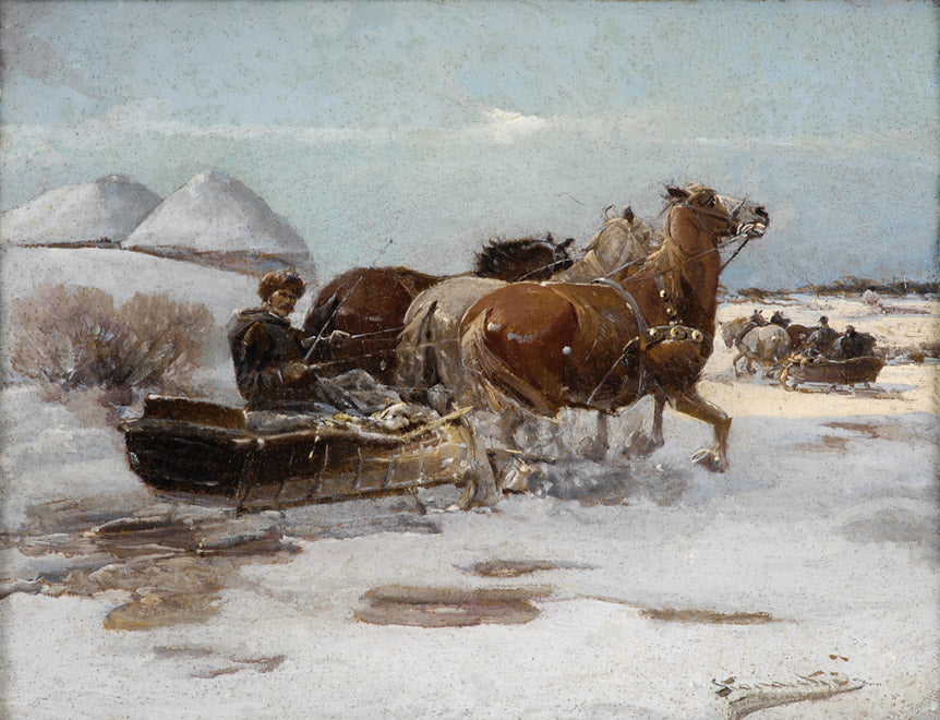 Winter landscape with horse-drawn sleigh, vintage artwork by Jan Konarski, 12x8" (A4) Poster