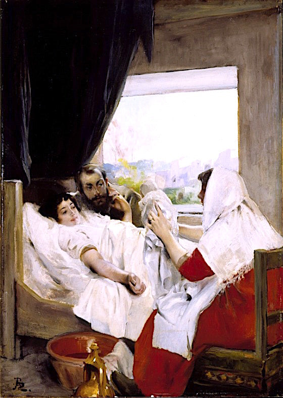 The First Morning (Albert and Charlotte Dubray Besnard and their Son, Robert), vintage artwork by Paul Albert Besnard, 12x8" (A4) Poster