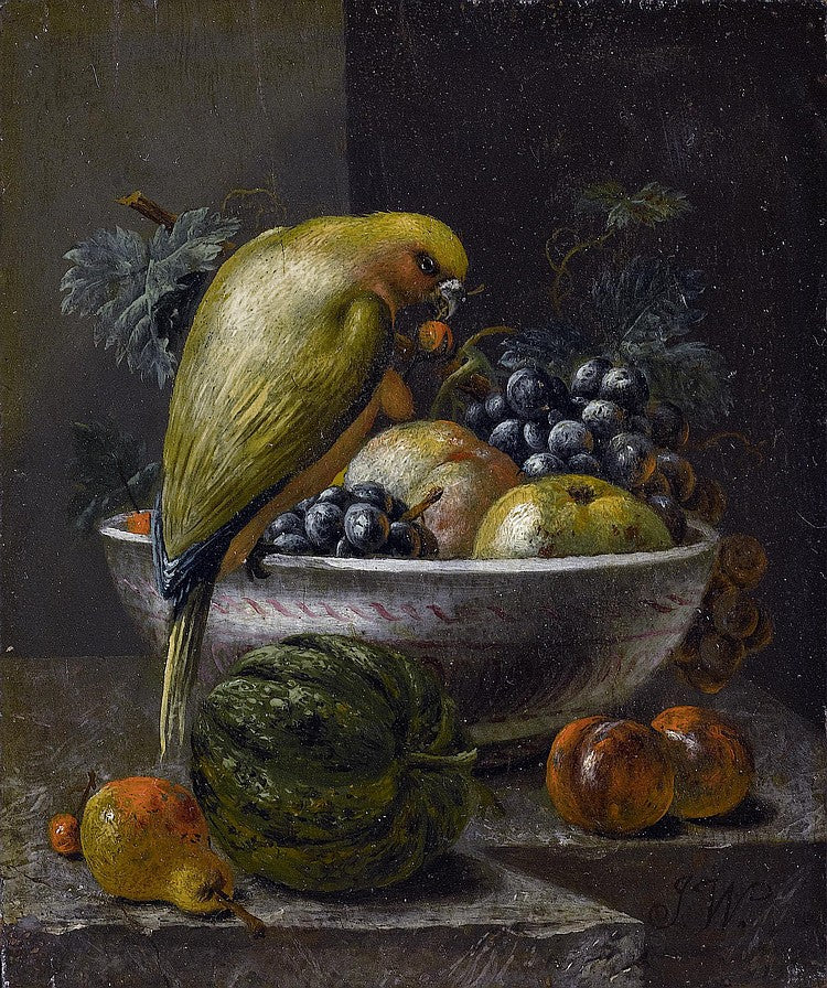 Still Life with Fruit and Parrot, vintage artwork by Johann Amandus Winck, 12x8" (A4) Poster