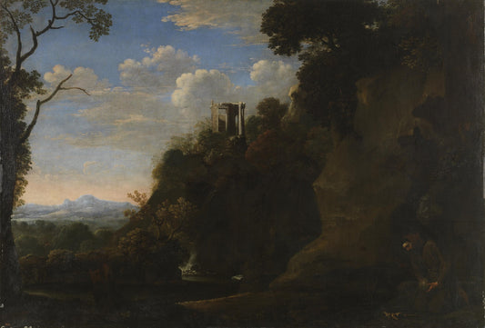 Landscape with Saint Francis in Meditation, vintage artwork by Attributed to Herman van Swanevelt, 12x8" (A4) Poster