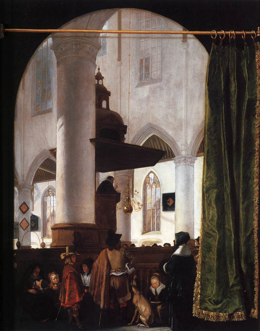 A Sermon in the Oude Kerk, Delft, vintage artwork by Emanuel de Witte, 12x8" (A4) Poster