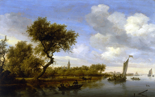 River Landscape with a Church in the Distance, vintage artwork by Salomon van Ruysdael, 12x8" (A4) Poster