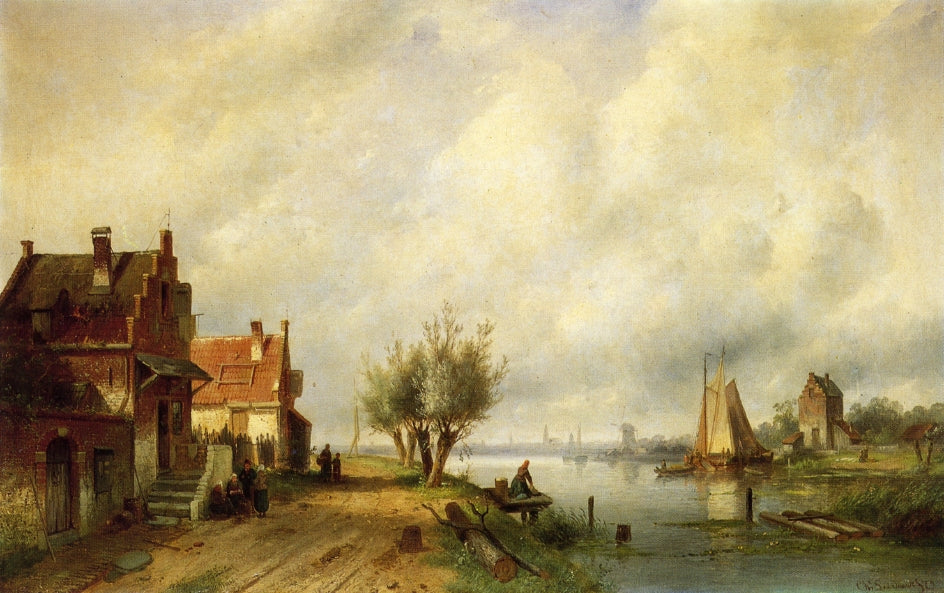 A River Landscape in Summer with Peasants Conversing by  Old Houses along a Road, Moored Shipping Across, a Town in the Distance, vintage artwork by Charles Henri Joseph Leickert, A3 (16x12") Poster Print