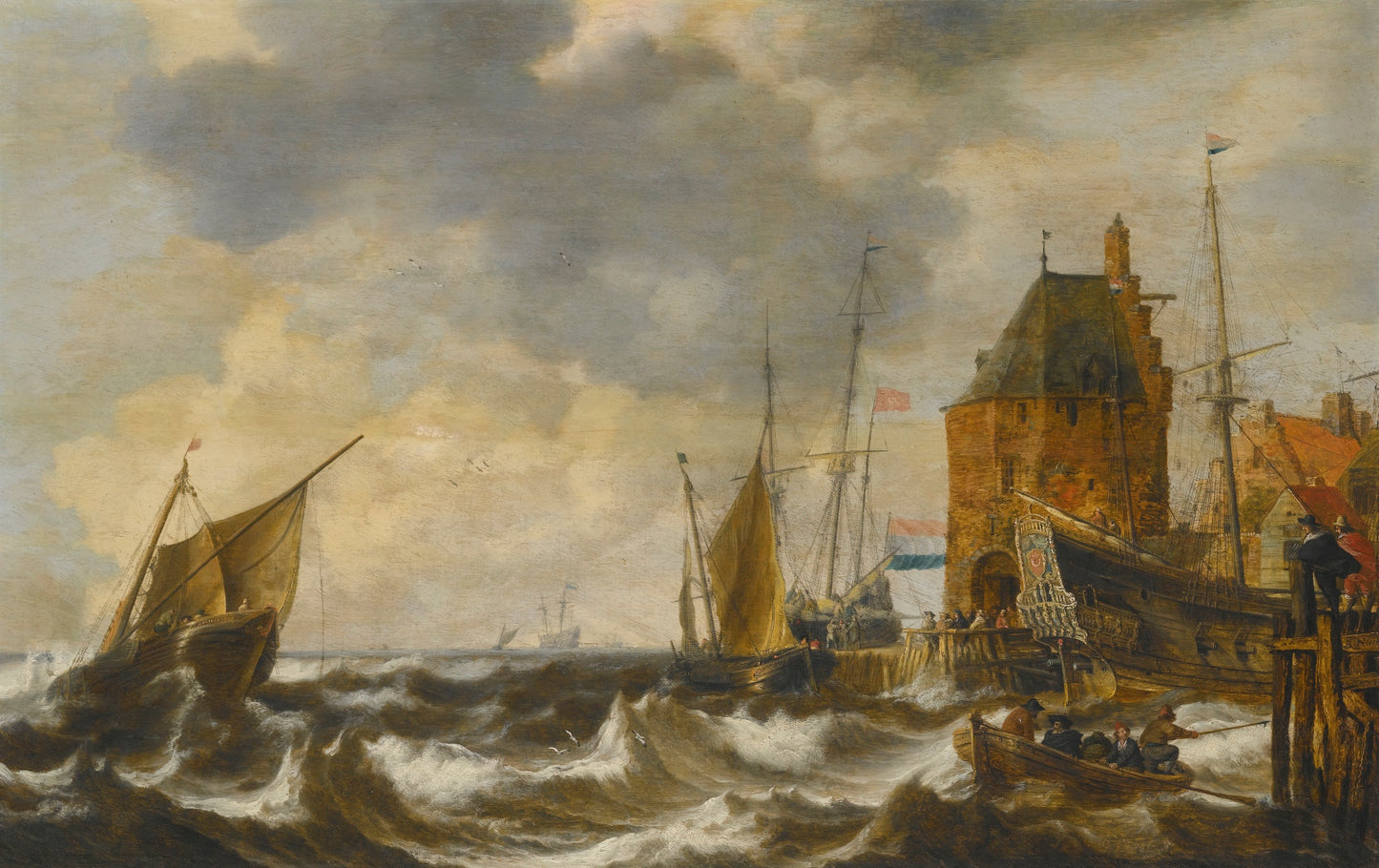 Dutch vessels and a rowing boat on choppy waters by  a small harbour town, vintage artwork by Bonaventura Peeters the Elder, 12x8" (A4) Poster