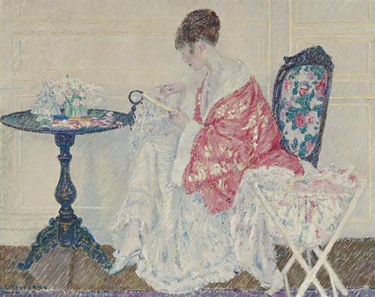Girl Embroidering, vintage artwork by Frederick Carl Frieseke, 12x8" (A4) Poster