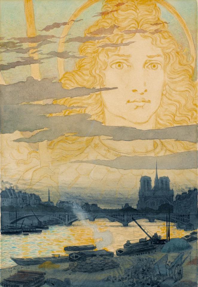 Sainte Geneviève veillant sur Paris, vintage artwork by Eugène Grasset, 12x8" (A4) Poster