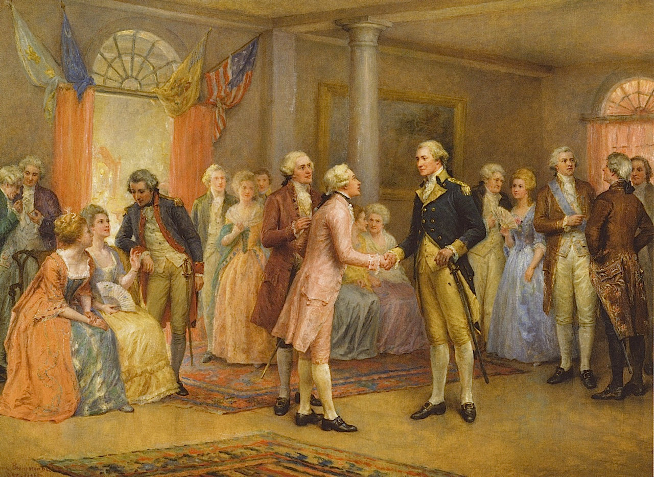 Washington Greeting Lafayette at Mount Vernon, 1784, vintage artwork by Jennie Brownscombe, 12x8" (A4) Poster