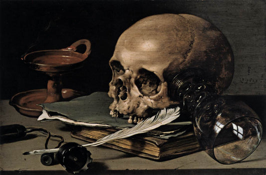 Still Life:  Skull and Writing Quill, vintage artwork by Pieter Claesz, 12x8" (A4) Poster
