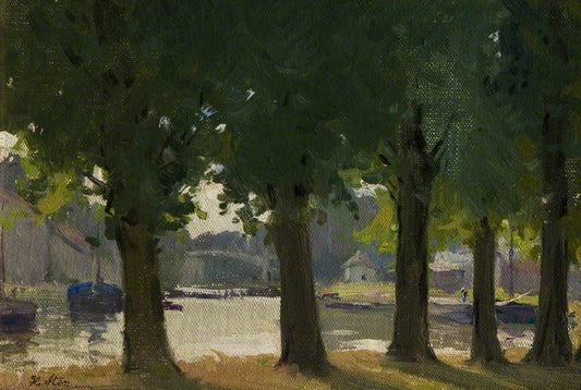 Five Trees by  a River, vintage artwork by Hans Iten, 12x8" (A4) Poster