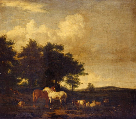 Horses, Sheep and Goats with a Sleeping Herdsman, vintage artwork by Adriaen van de Velde, 12x8" (A4) Poster