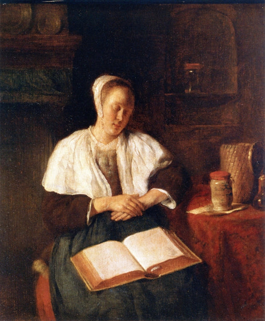 A Woman Asleep with a book on Her Lap, vintage artwork by Gabriël Metsu, 12x8" (A4) Poster