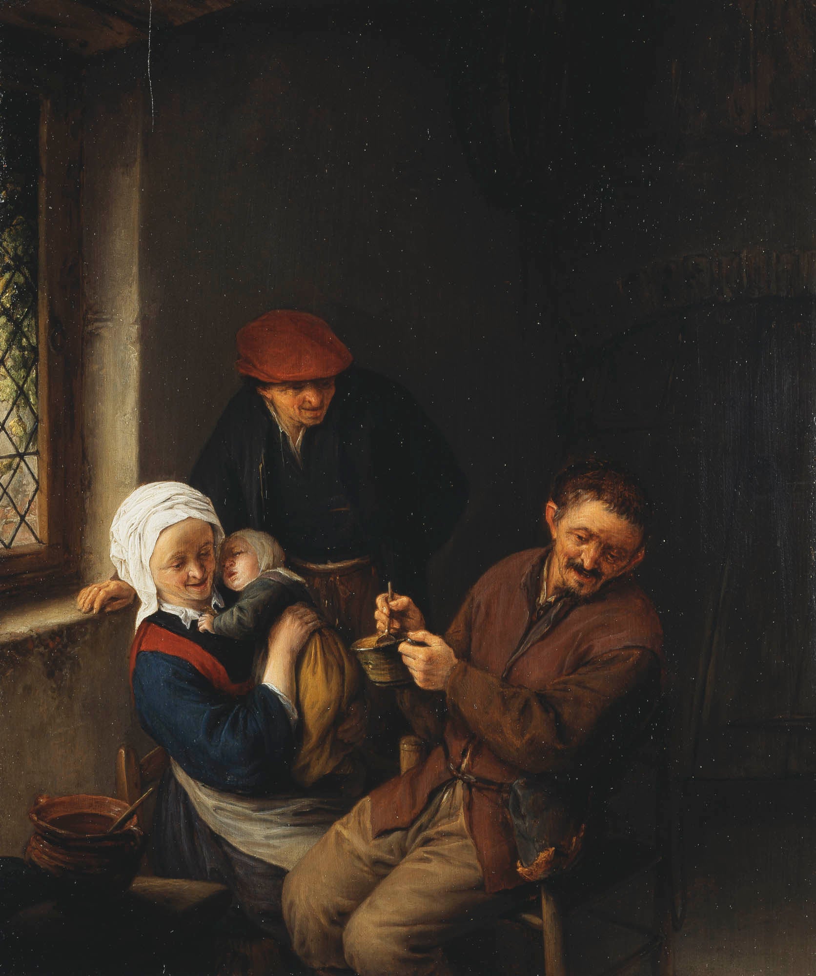 Interior of a Peasant's Cottage: A Child about to be Fed, vintage artwork by Adriaen van Ostade, 12x8" (A4) Poster