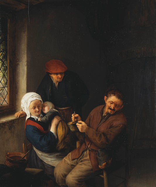 Interior of a Peasant's Cottage: A Child about to be Fed, vintage artwork by Adriaen van Ostade, 12x8" (A4) Poster