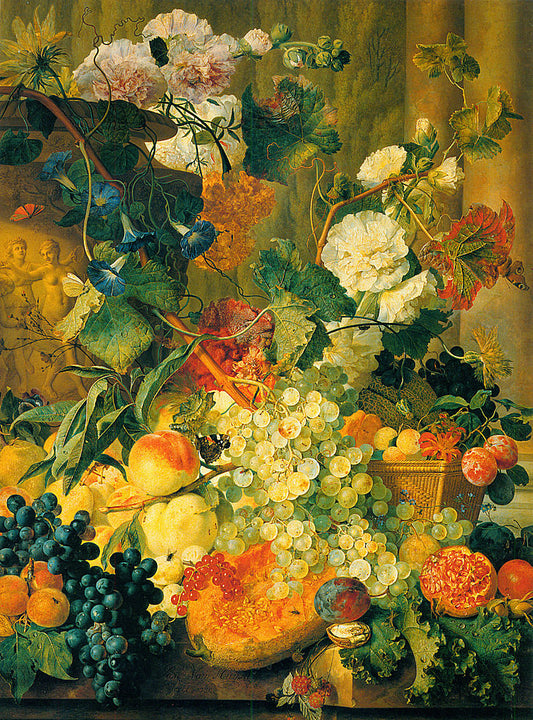 Hollyhocks, Morning Glory, Marigolds, Cockscombs, Passion Flowers and Forget-Me-Nots, vintage artwork by Jan van Huysum, 12x8" (A4) Poster